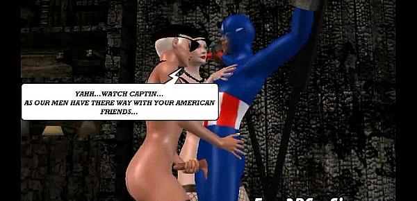  Captain America gets his cock sucked by two 3D babes